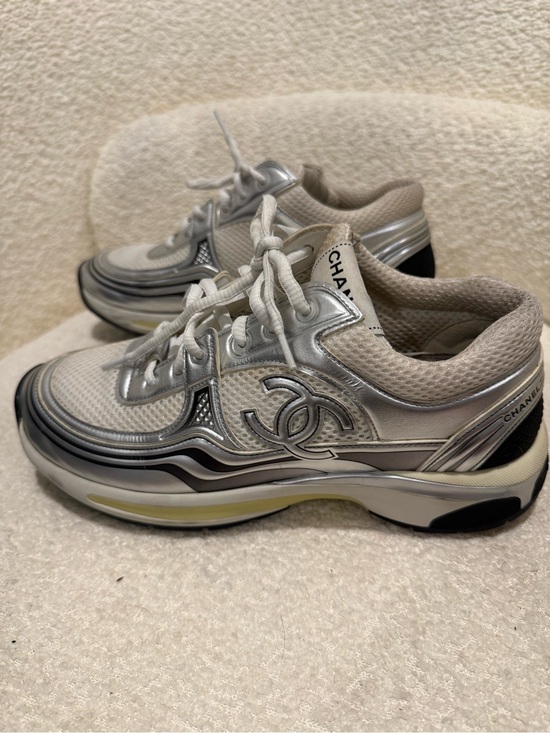 CHANEL Shoes - CHANEL Silver, White & Cream CC-Emblem Sneakers